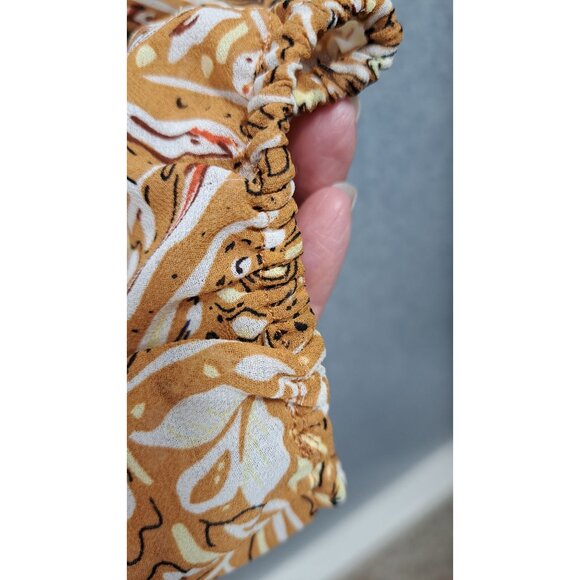 Melloday Blouse Women XL Smocked Paisley Peasant Elastic Sleeves Mustard & Ivory - Picture 5 of 14